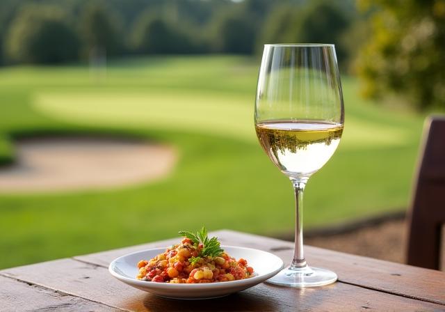 Dettaglio del ristorante esterno con bicchiere di vino
