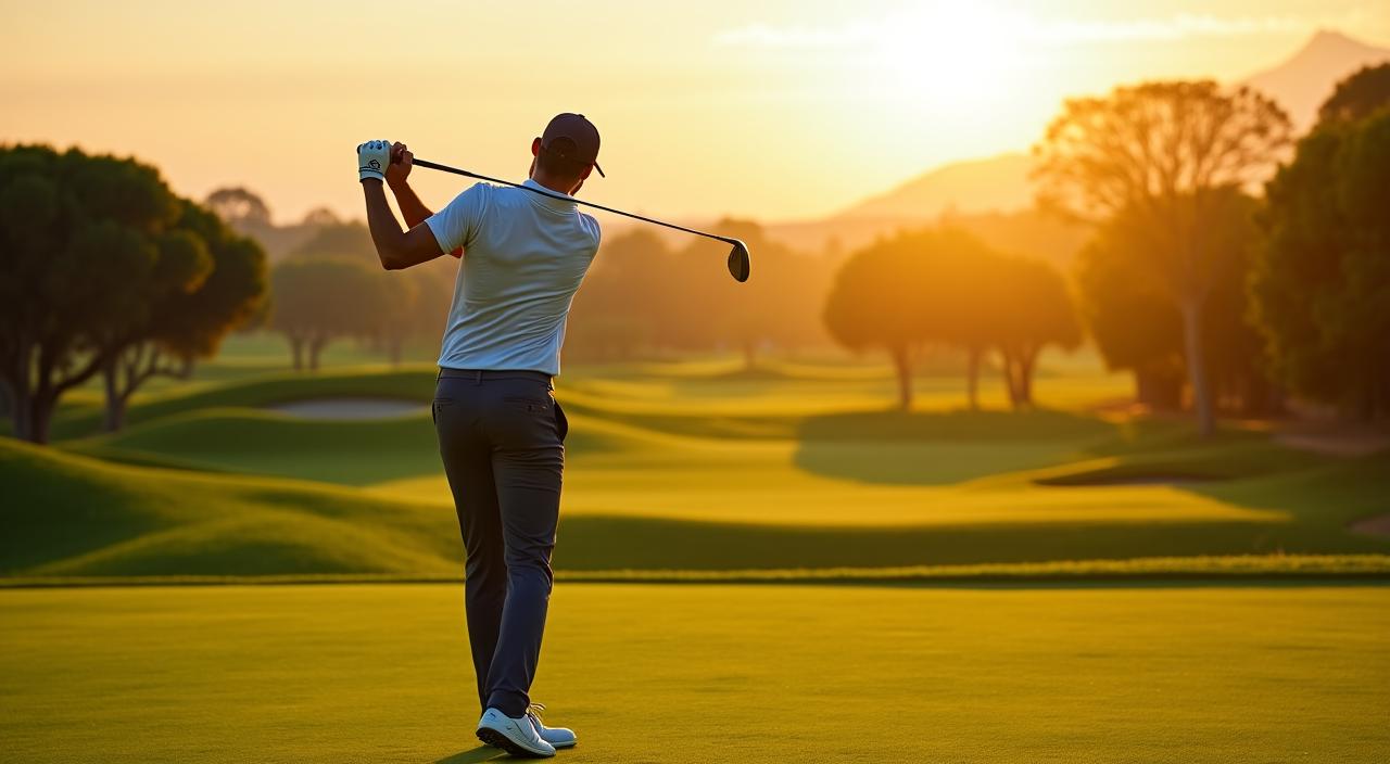 Giocatore di golf professionista che esegue uno swing perfetto al tramonto