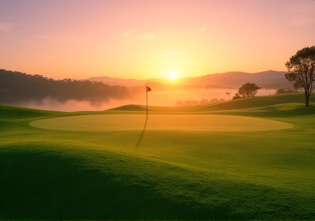 Veduta rilassante del campo da golf all'alba