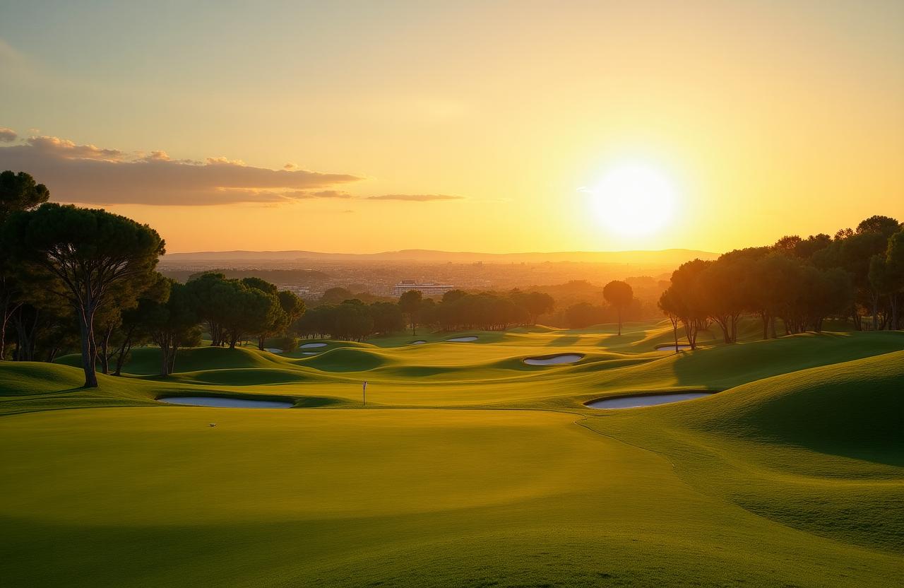 Veduta panoramica del campo da golf Dante's Divot al tramonto